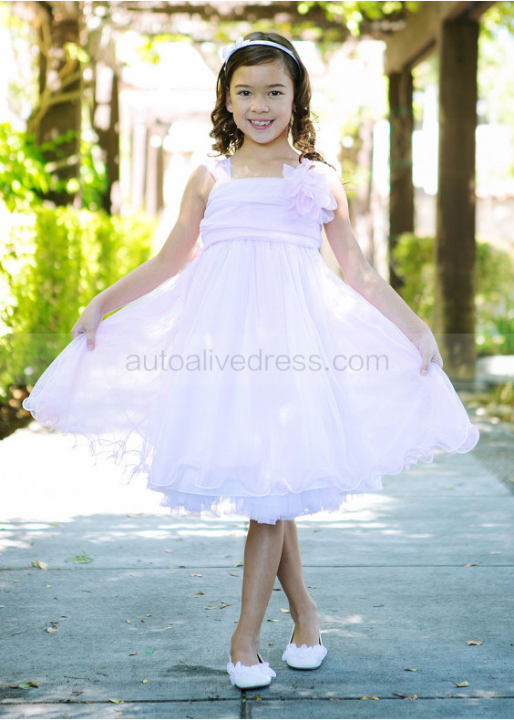 Square Neck Tulle Knee Length Flower Girl Dress With Decorated Flower